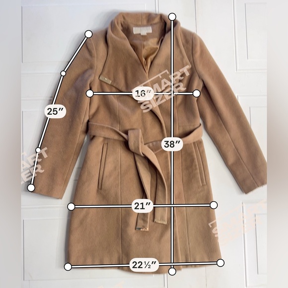 Michael Kors Women’s Sz M Tan Gold Wool Blend Belted Long Jacket Trench Coat - Picture 6 of 6